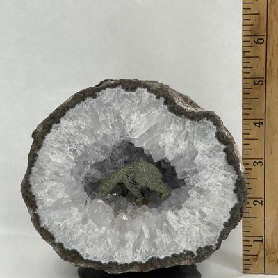 Half of a large Geode with bear figurine inside Crystal with stand attached to bottom