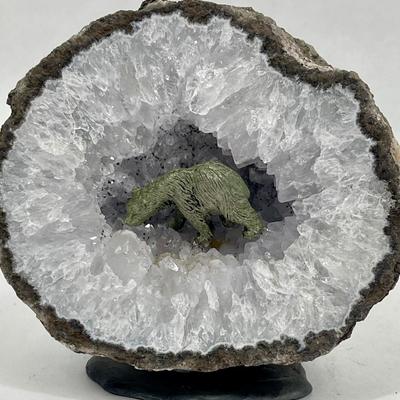 Half of a large Geode with bear figurine inside Crystal with stand attached to bottom