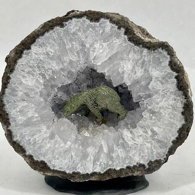 Half of a large Geode with bear figurine inside Crystal with stand attached to bottom