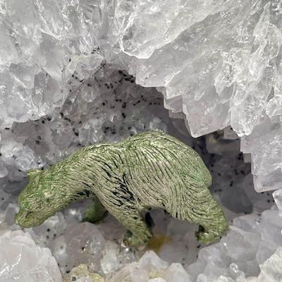 Half of a large Geode with bear figurine inside Crystal with stand attached to bottom