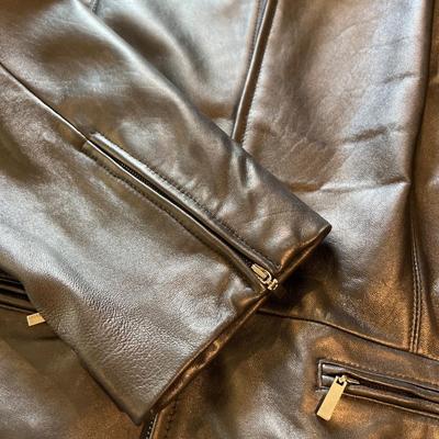 New Anne Klein Leather Moto Jacket Fox Fur Trim Hood XL Womens