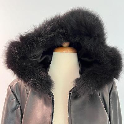 New Anne Klein Leather Moto Jacket Fox Fur Trim Hood XL Womens