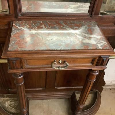 1150 Antique Edwardian Marble Top Hall Tree With Mirror & Brass Hooks
