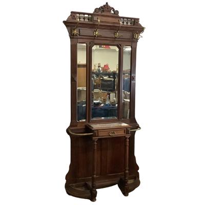 1150 Antique Edwardian Marble Top Hall Tree With Mirror & Brass Hooks