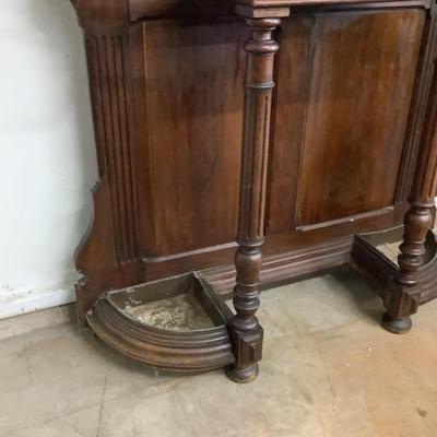 1150 Antique Edwardian Marble Top Hall Tree With Mirror & Brass Hooks
