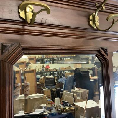 1150 Antique Edwardian Marble Top Hall Tree With Mirror & Brass Hooks