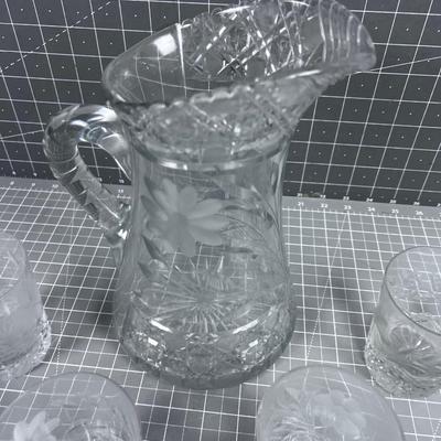 Cut Glass Crystal Pitcher and 4 Glasses