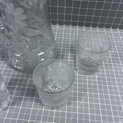 Cut Glass Crystal Pitcher and 4 Glasses