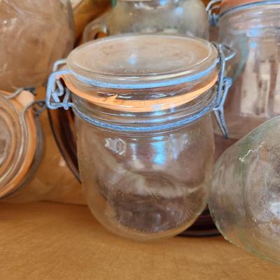 Box Lot of Canning Glass Jars With Lids Le Pratique and Others Wire Lids