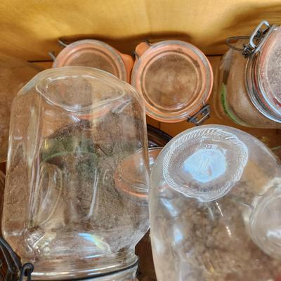 Box Lot of Canning Glass Jars With Lids Le Pratique and Others Wire Lids