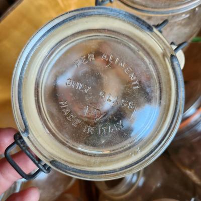 Box Lot of Canning Glass Jars With Lids Le Pratique and Others Wire Lids