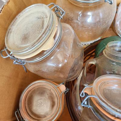 Box Lot of Canning Glass Jars With Lids Le Pratique and Others Wire Lids