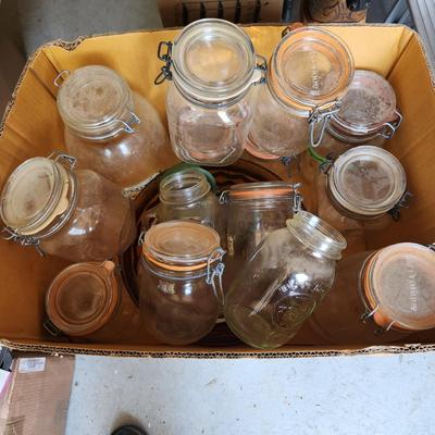 Box Lot of Canning Glass Jars With Lids Le Pratique and Others Wire Lids
