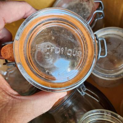 Box Lot of Canning Glass Jars With Lids Le Pratique and Others Wire Lids