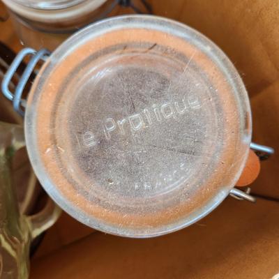 Box Lot of Canning Glass Jars With Lids Le Pratique and Others Wire Lids