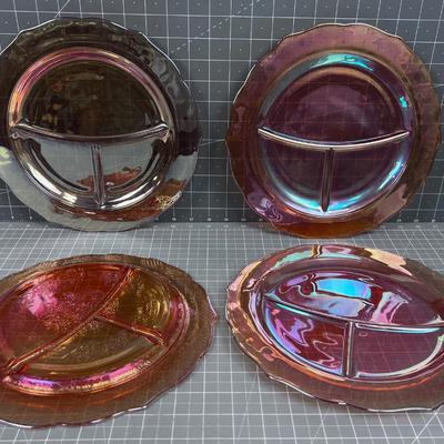 4 Marigold Carnival Glass Plates, Divided