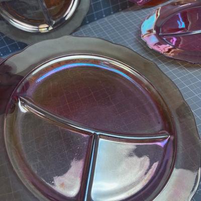 4 Marigold Carnival Glass Plates, Divided