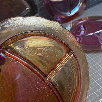 4 Marigold Carnival Glass Plates, Divided