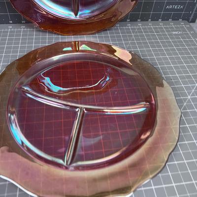 4 Marigold Carnival Glass Plates, Divided