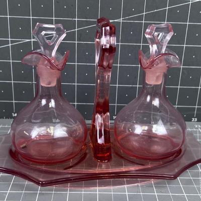 Pink Depression Glass, Cruet with Tray Plus Oil & Vinegar 