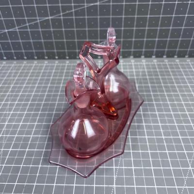 Pink Depression Glass, Cruet with Tray Plus Oil & Vinegar 