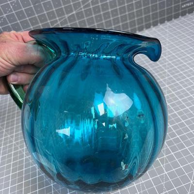 Hand Blow Glass Pitcher Ball Jug BLUE with Green Handle
