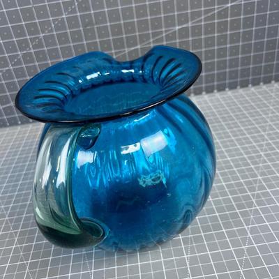 Hand Blow Glass Pitcher Ball Jug BLUE with Green Handle