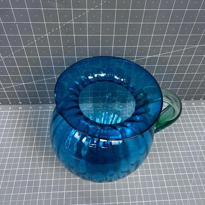 Hand Blow Glass Pitcher Ball Jug BLUE with Green Handle