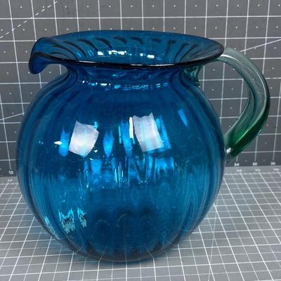 Hand Blow Glass Pitcher Ball Jug BLUE with Green Handle