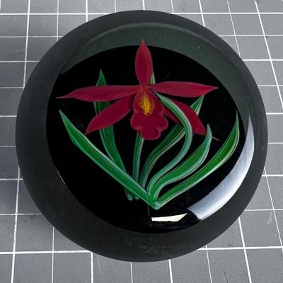 Iris Paper Weight Signed and Dated, Black and Red Flower