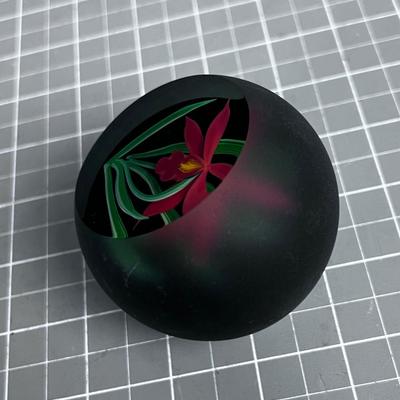 Iris Paper Weight Signed and Dated, Black and Red Flower