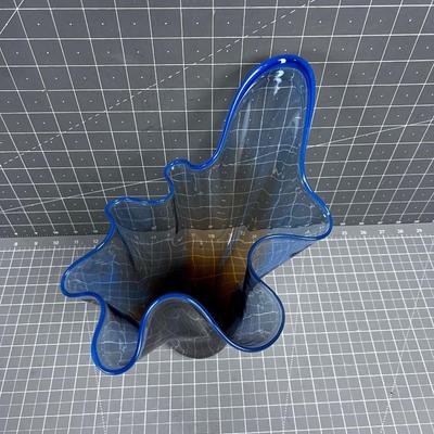 Free Form Hand Blown Vase Blues Delicate! Signed
