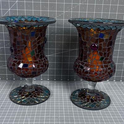 Glass Mosaic Pair of Votive Holders