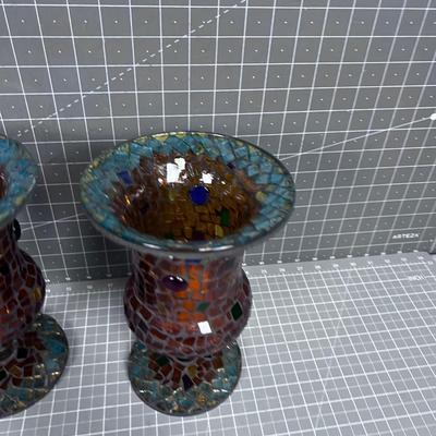 Glass Mosaic Pair of Votive Holders