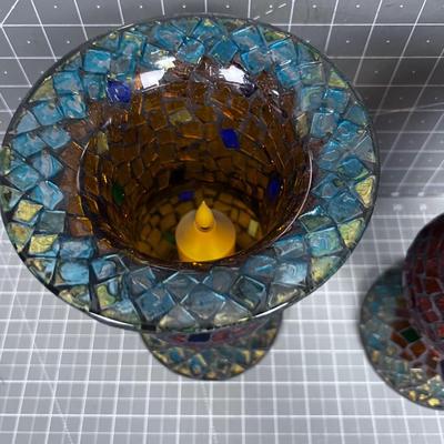 Glass Mosaic Pair of Votive Holders