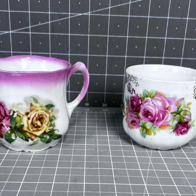 Pair of Floral Antique Coffee Mugs, Circa 1880's 