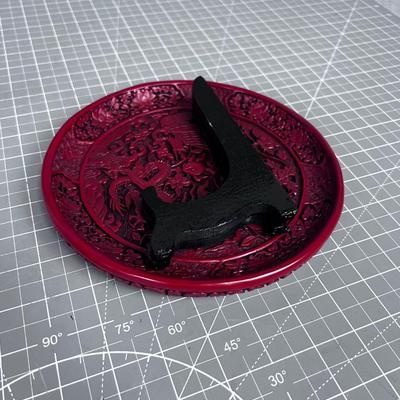 Red Cinnabar ASIAN Carved Plate with Stand ART