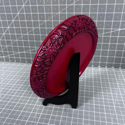 Red Cinnabar ASIAN Carved Plate with Stand ART