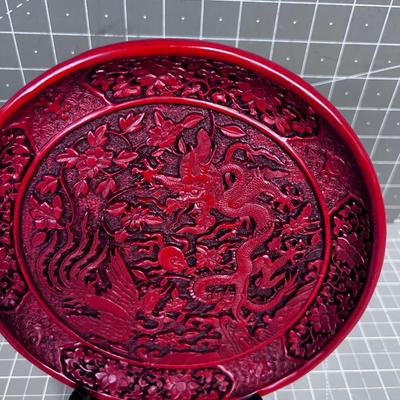 Red Cinnabar ASIAN Carved Plate with Stand ART