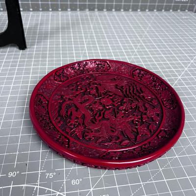 Red Cinnabar ASIAN Carved Plate with Stand ART