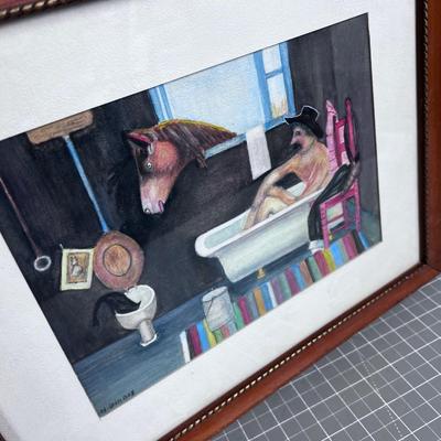 Cowboy in the Tub, Framed and Matted Pastels