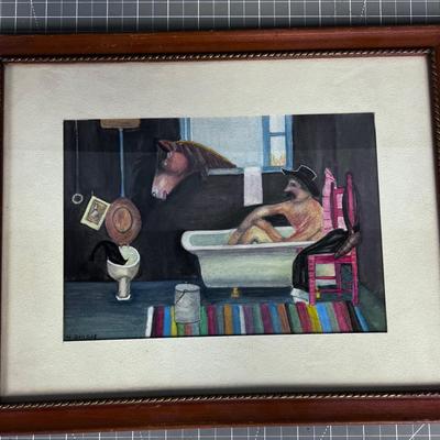 Cowboy in the Tub, Framed and Matted Pastels