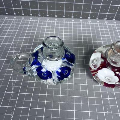 2 Glass Candle Holders 1 Red 1 Blue
