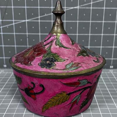 Brass Enamel Jar Pink & Red Color