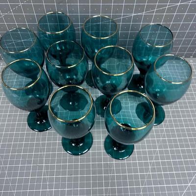 10 Gold Rimmed GREEN Glass Goblet
