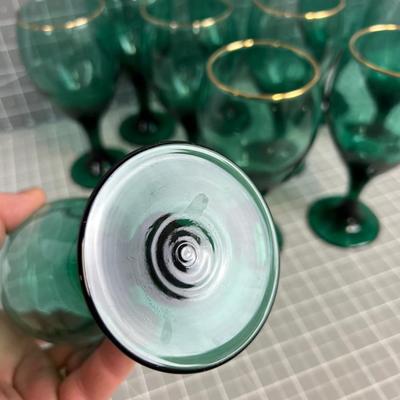 10 Gold Rimmed GREEN Glass Goblet