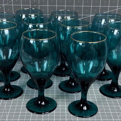 10 Gold Rimmed GREEN Glass Goblet