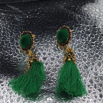 Gold tone green tassel earrings