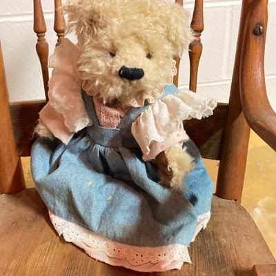 LOT 66: Vintage Carved Wood Children's Rocking Chair and Pair of Bear Stuffed Animals