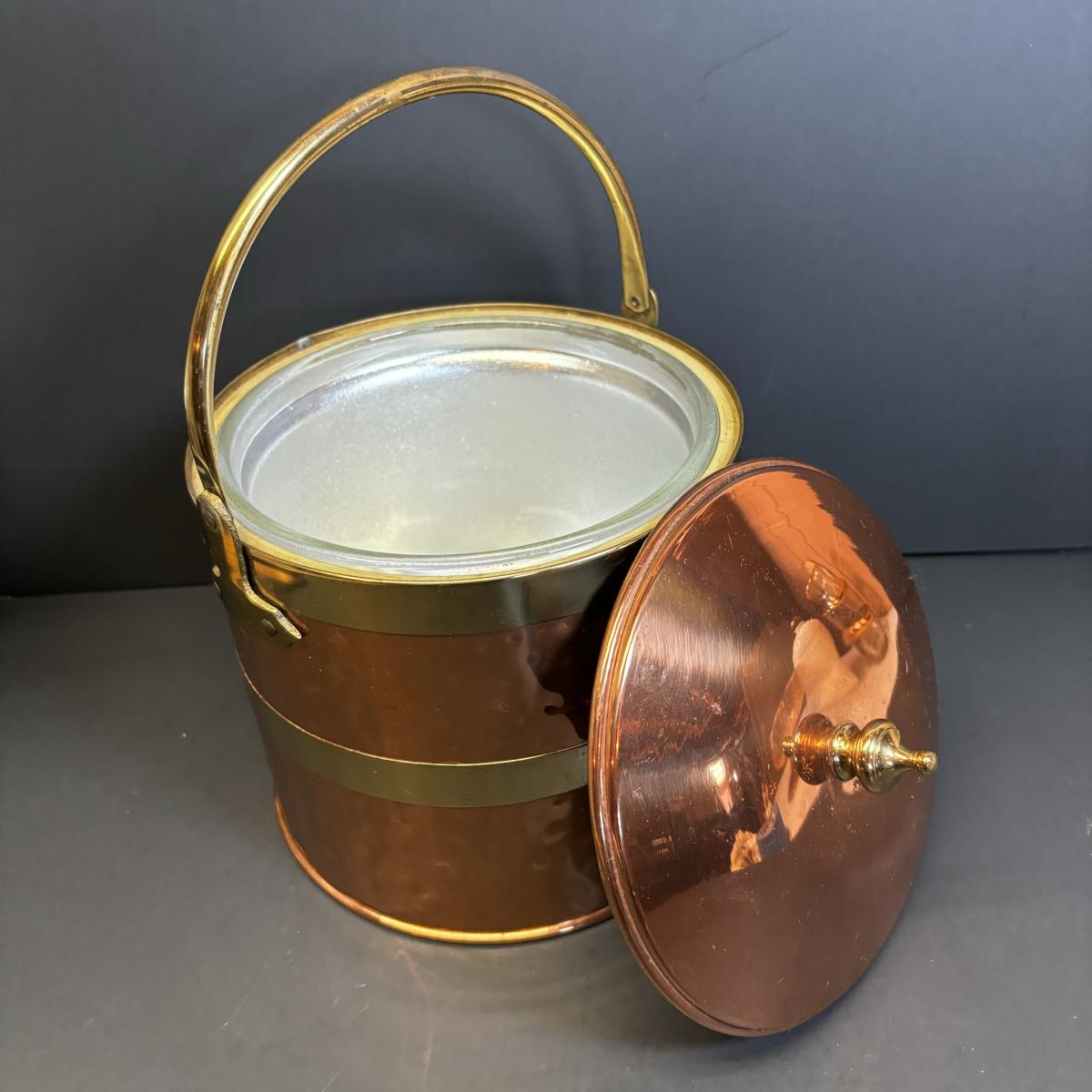 LOT 182 Handcrafted Copper Ice Bucket w/Pyrex Liner, Westmoreland Milk
